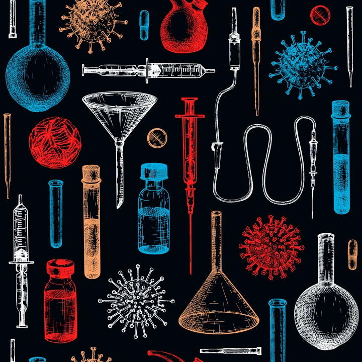 Antiviral therapy and vaccination background. Hand drawn vector illustrations. Vaccine in bottles, laboratory equipment, different virus sketches. Medicine seamless pattern . Covid-19 drawing 